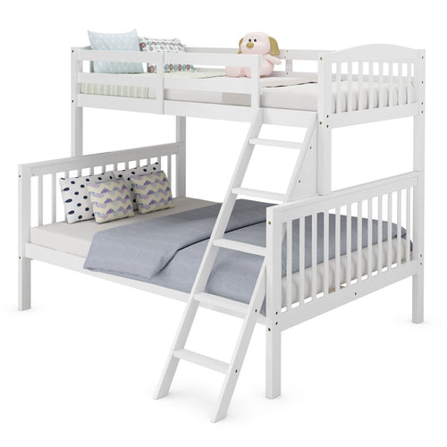 Twin over Full Bunk Bed Rubber Wood Convertible with Ladder Guardrail, White