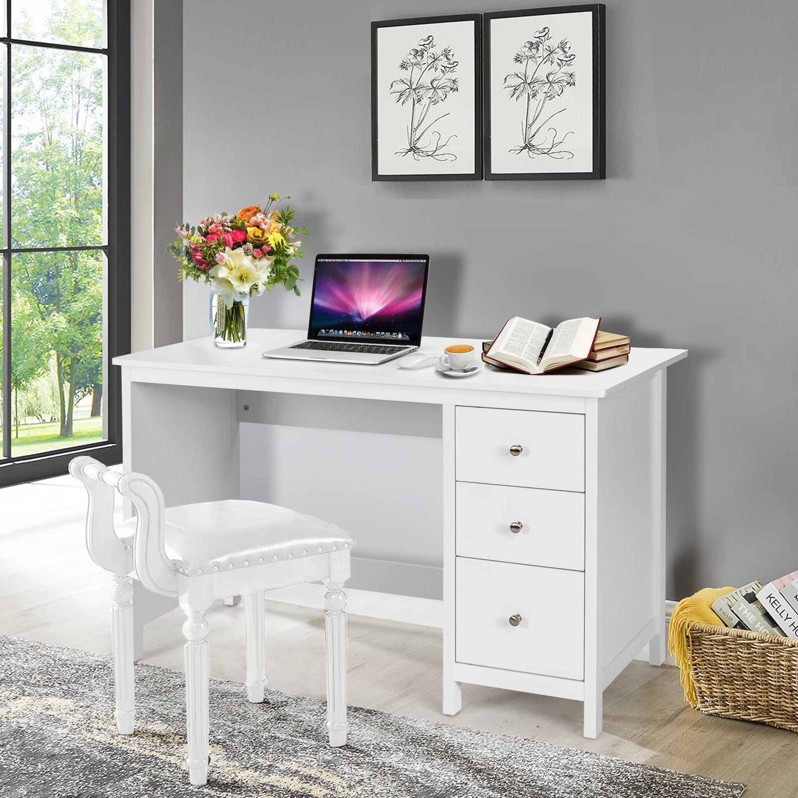 3-Drawer Home Office Study Computer Desk with Spacious Desktop, White Writing Desks   at Gallery Canada