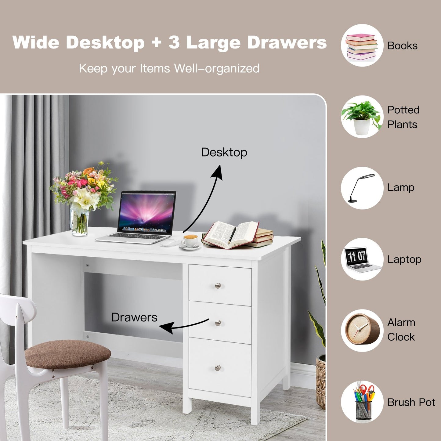 3-Drawer Home Office Study Computer Desk with Spacious Desktop, White - Gallery Canada