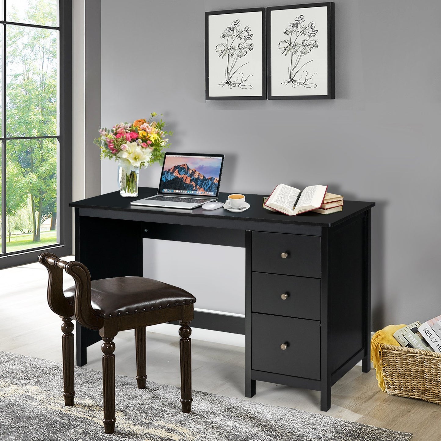 3-Drawer Home Office Study Computer Desk with Spacious Desktop, Black Writing Desks   at Gallery Canada