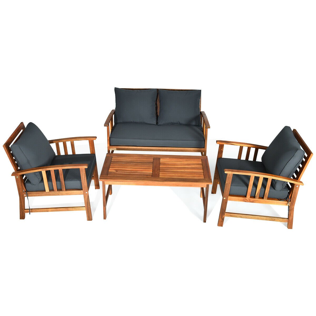 4 Pieces Wooden Patio Furniture Set Table Sofa Chair Cushioned Garden, Gray Patio Conversation Sets   at Gallery Canada