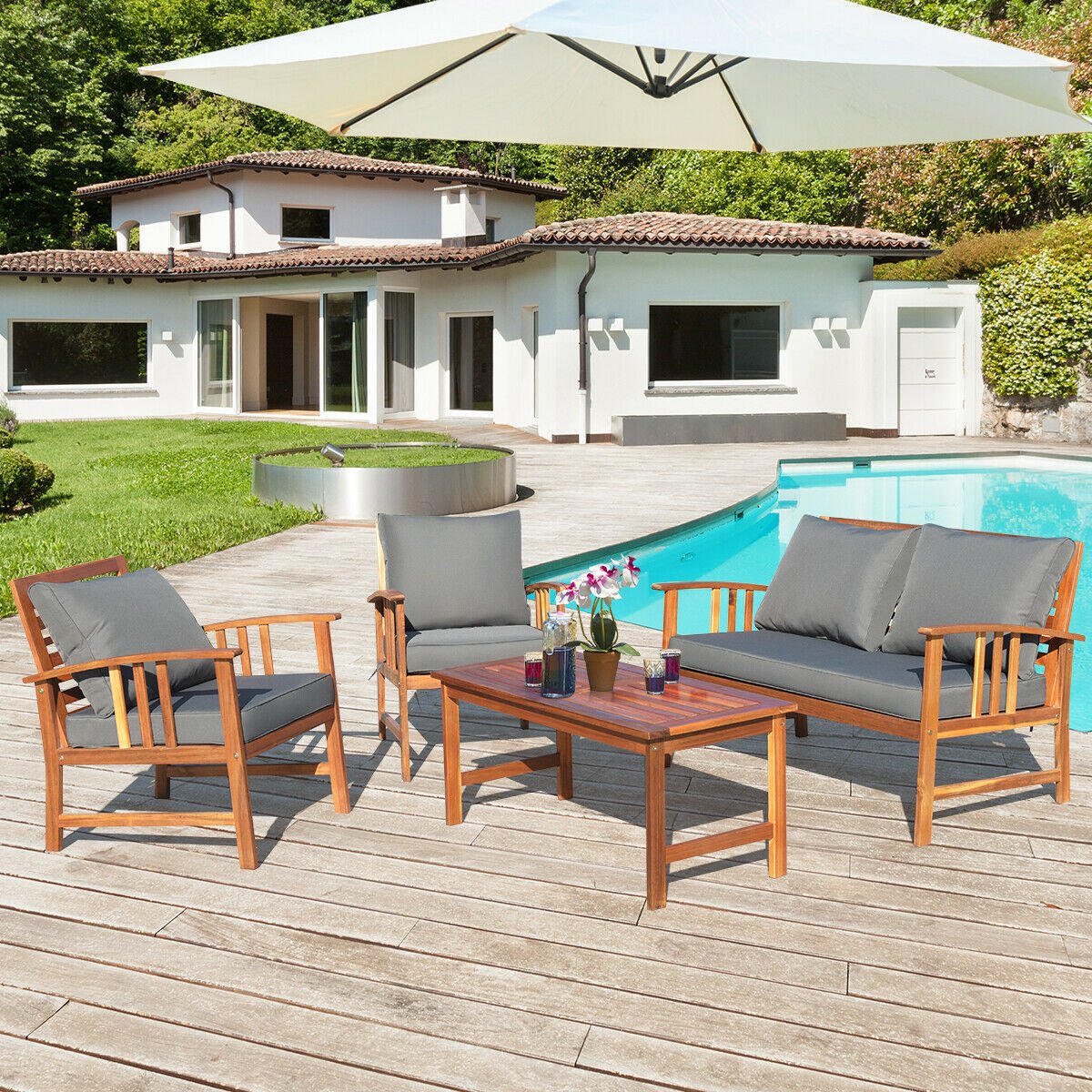 4 Pieces Wooden Patio Furniture Set Table Sofa Chair Cushioned Garden, Gray Patio Conversation Sets   at Gallery Canada