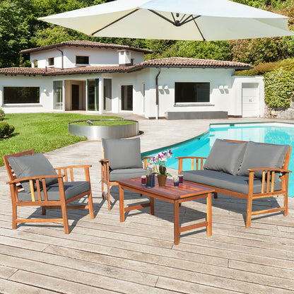 4 Pieces Wooden Patio Furniture Set Table Sofa Chair Cushioned Garden, Gray - Gallery Canada