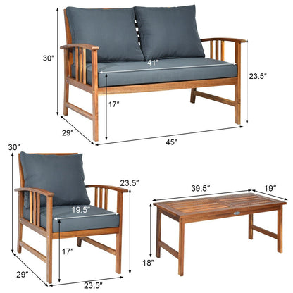 4 Pieces Wooden Patio Furniture Set Table Sofa Chair Cushioned Garden, Gray Patio Conversation Sets   at Gallery Canada