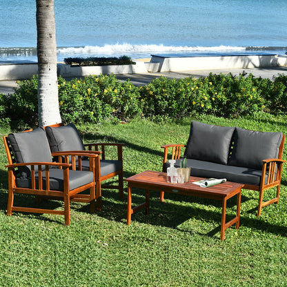 4 Pieces Wooden Patio Furniture Set Table Sofa Chair Cushioned Garden, Gray Patio Conversation Sets   at Gallery Canada