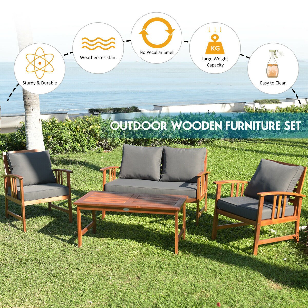 4 Pieces Wooden Patio Furniture Set Table Sofa Chair Cushioned Garden, Gray Patio Conversation Sets   at Gallery Canada