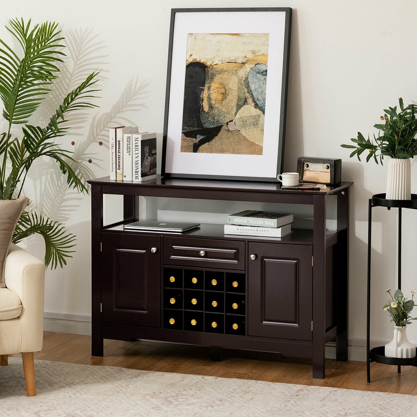 Elegant Classical Multifunctional Wooden Wine Cabinet Table Brown, Brown Sideboards Cabinets & Buffets   at Gallery Canada