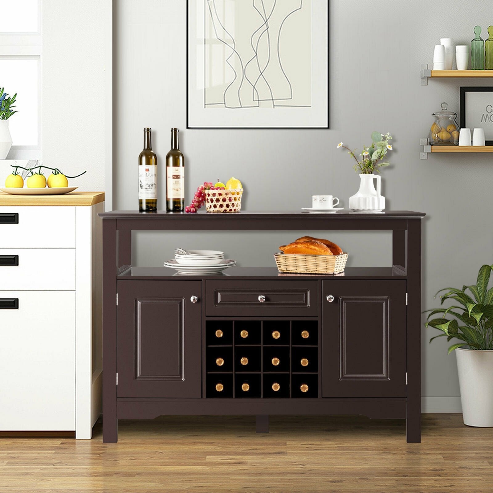 Elegant Classical Multifunctional Wooden Wine Cabinet Table Brown, Brown Sideboards Cabinets & Buffets   at Gallery Canada