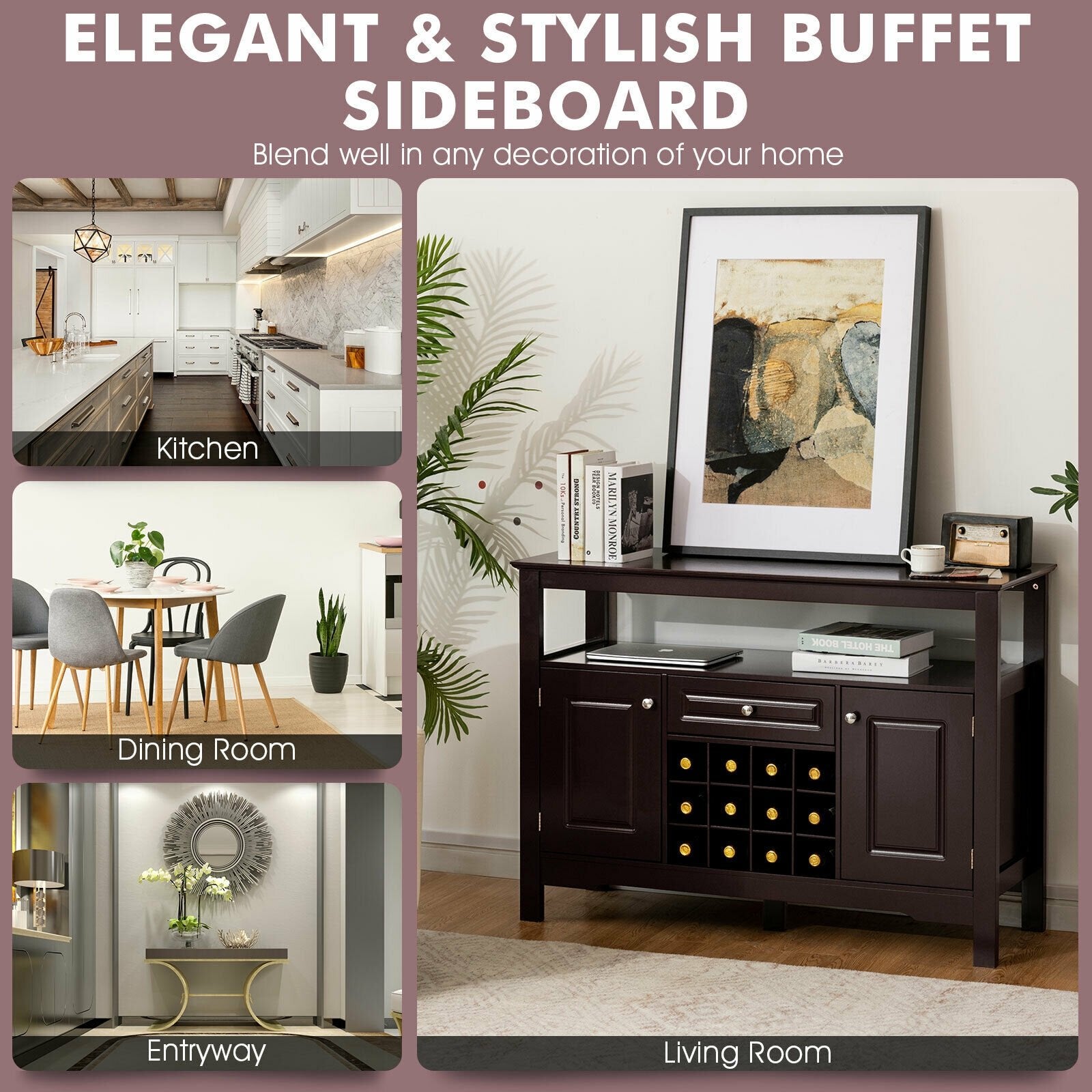 Elegant Classical Multifunctional Wooden Wine Cabinet Table Brown, Brown Sideboards Cabinets & Buffets   at Gallery Canada