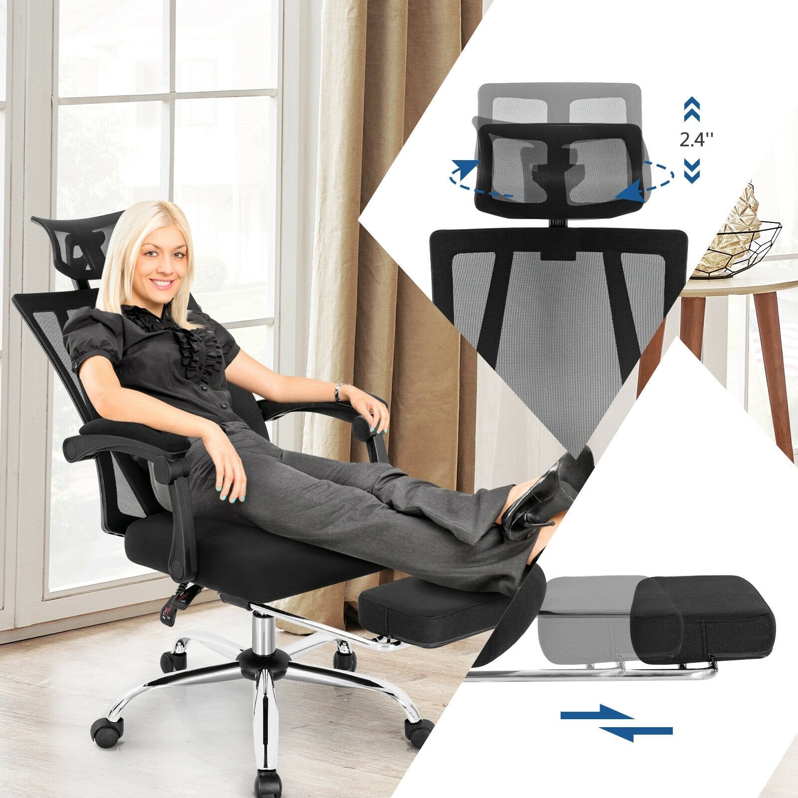 Ergonomic Recliner Mesh Office Chair with Adjustable Footrest, Black Ergonomic Chairs   at Gallery Canada