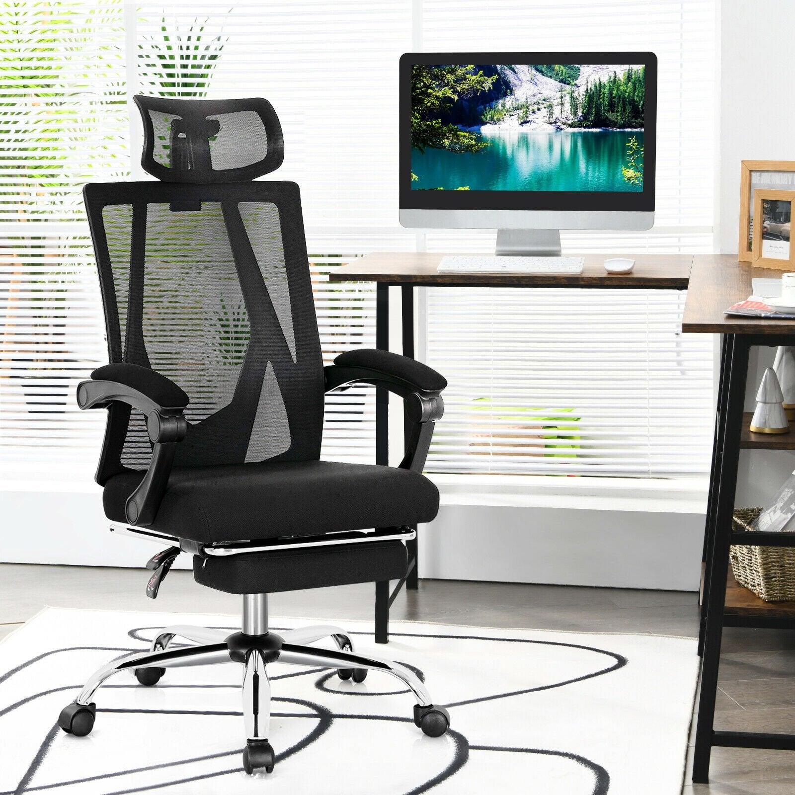 Ergonomic Recliner Mesh Office Chair with Adjustable Footrest, Black Ergonomic Chairs   at Gallery Canada