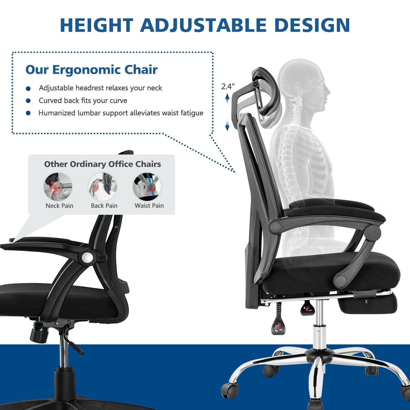 Ergonomic Recliner Mesh Office Chair with Adjustable Footrest, Black Ergonomic Chairs   at Gallery Canada