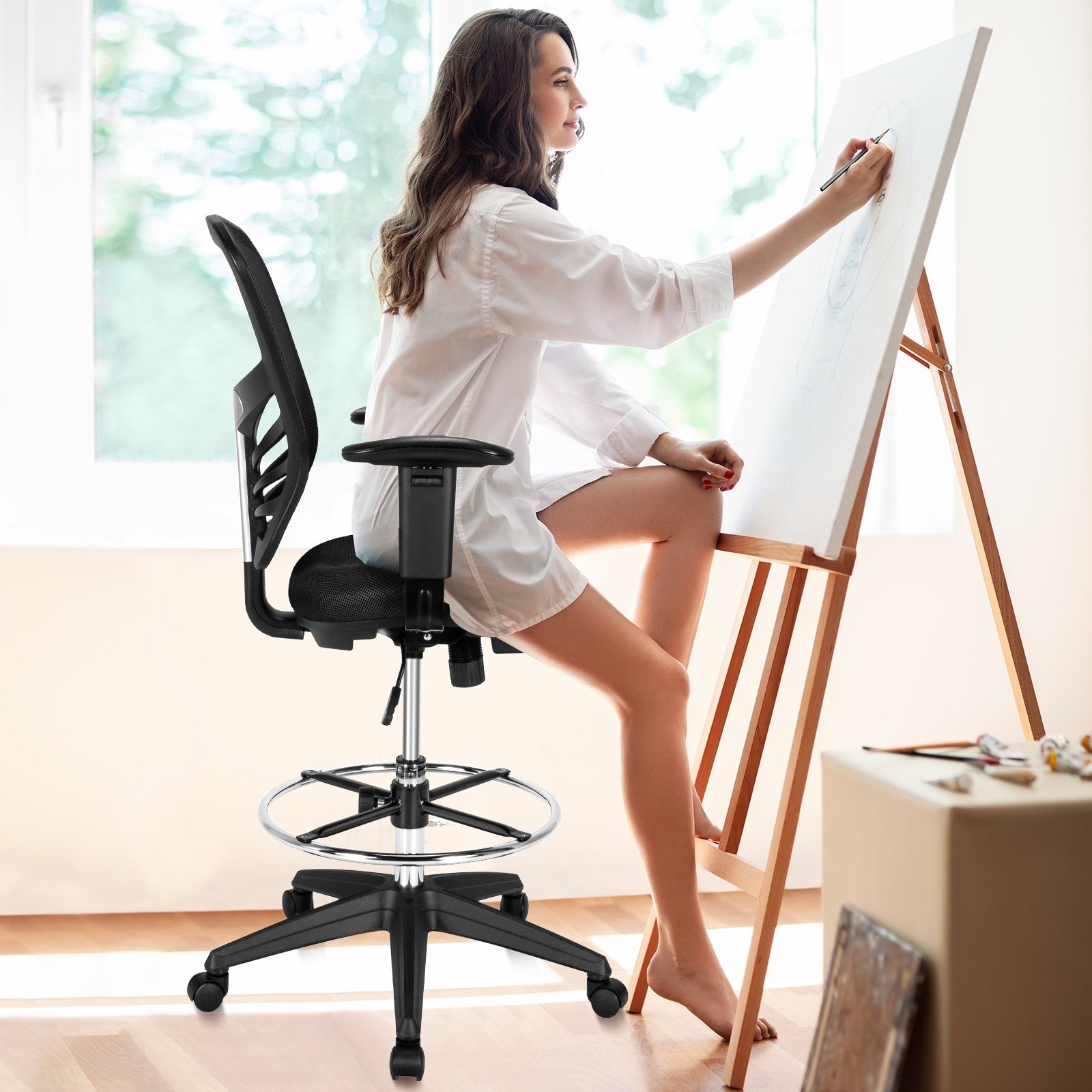 Mesh Drafting Chair Office Chair with Adjustable Armrests and Foot-Ring, Black Mesh Chairs   at Gallery Canada