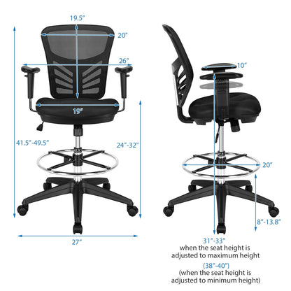 Mesh Drafting Chair Office Chair with Adjustable Armrests and Foot-Ring, Black Mesh Chairs   at Gallery Canada