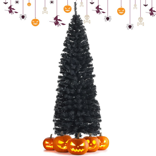 6 Feet Unlit Artificial Christmas Halloween Pencil Tree Black with Metal Stand, Black