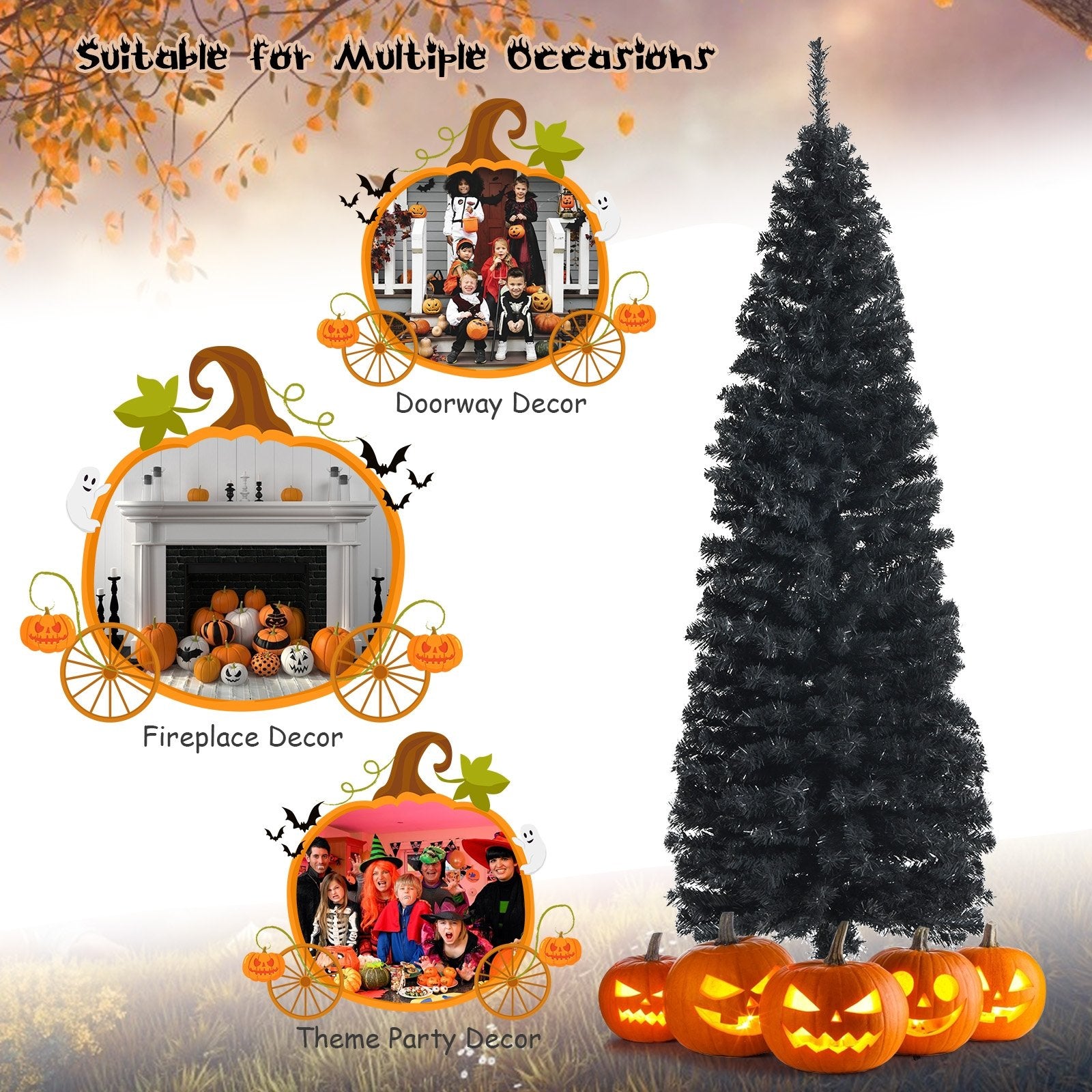 6 Feet Unlit Artificial Christmas Halloween Pencil Tree Black with Metal Stand, Black - Gallery Canada