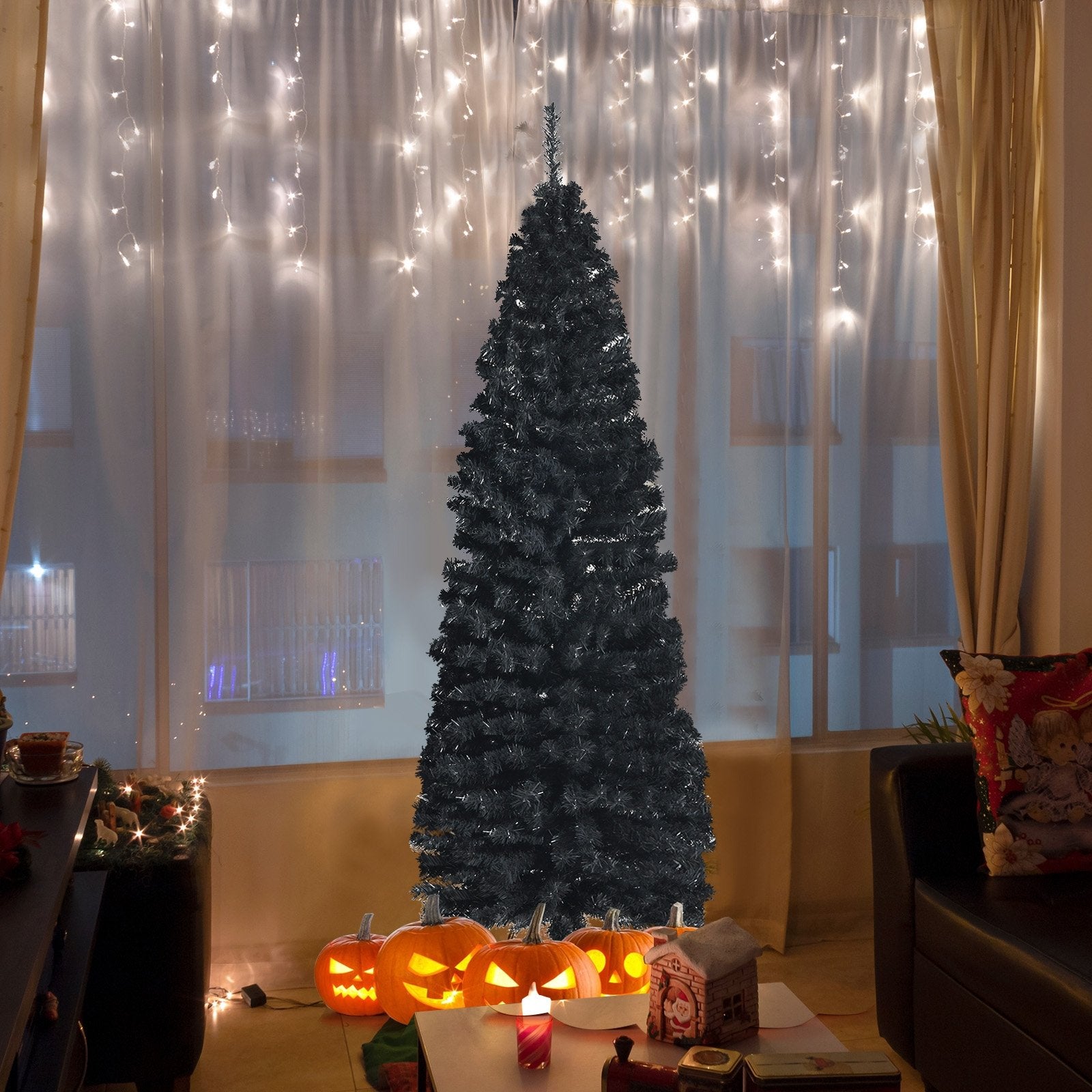 6 Feet Unlit Artificial Christmas Halloween Pencil Tree Black with Metal Stand, Black - Gallery Canada