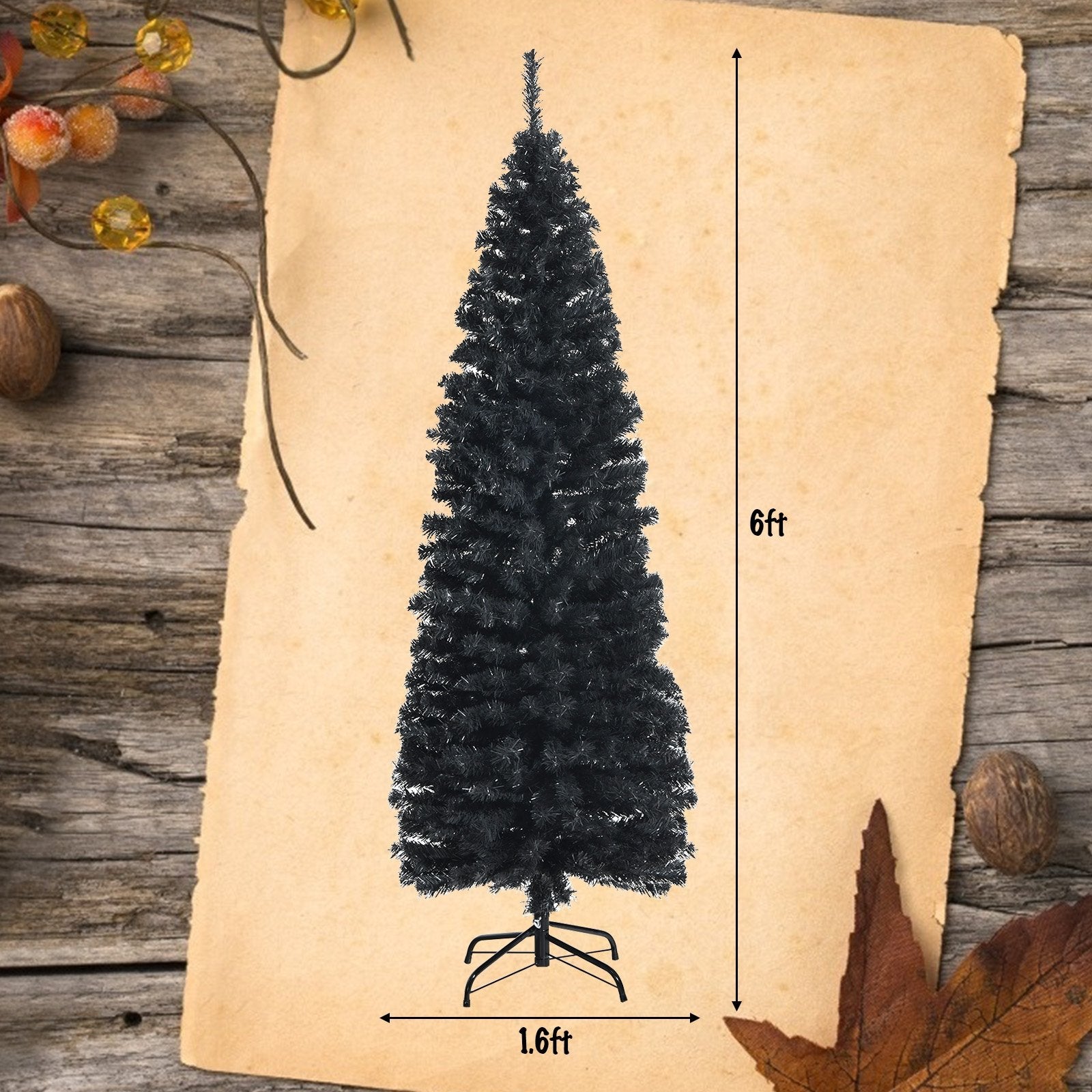 6 Feet Unlit Artificial Christmas Halloween Pencil Tree Black with Metal Stand, Black - Gallery Canada