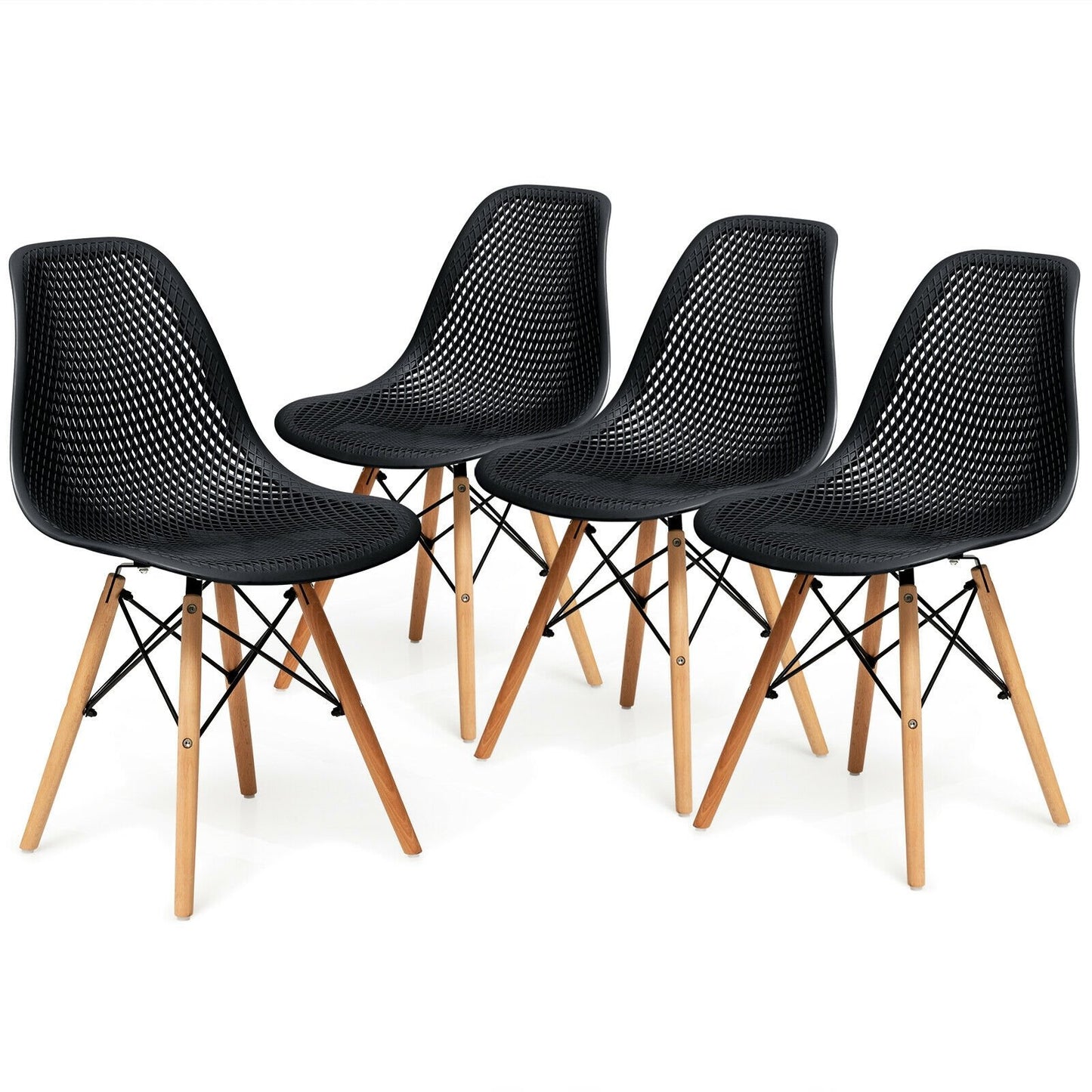 4 Pieces Modern Plastic Hollow Chair Set with Wood Leg, Black Dining Chairs   at Gallery Canada