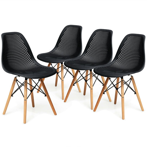 4 Pieces Modern Plastic Hollow Chair Set with Wood Leg, Black