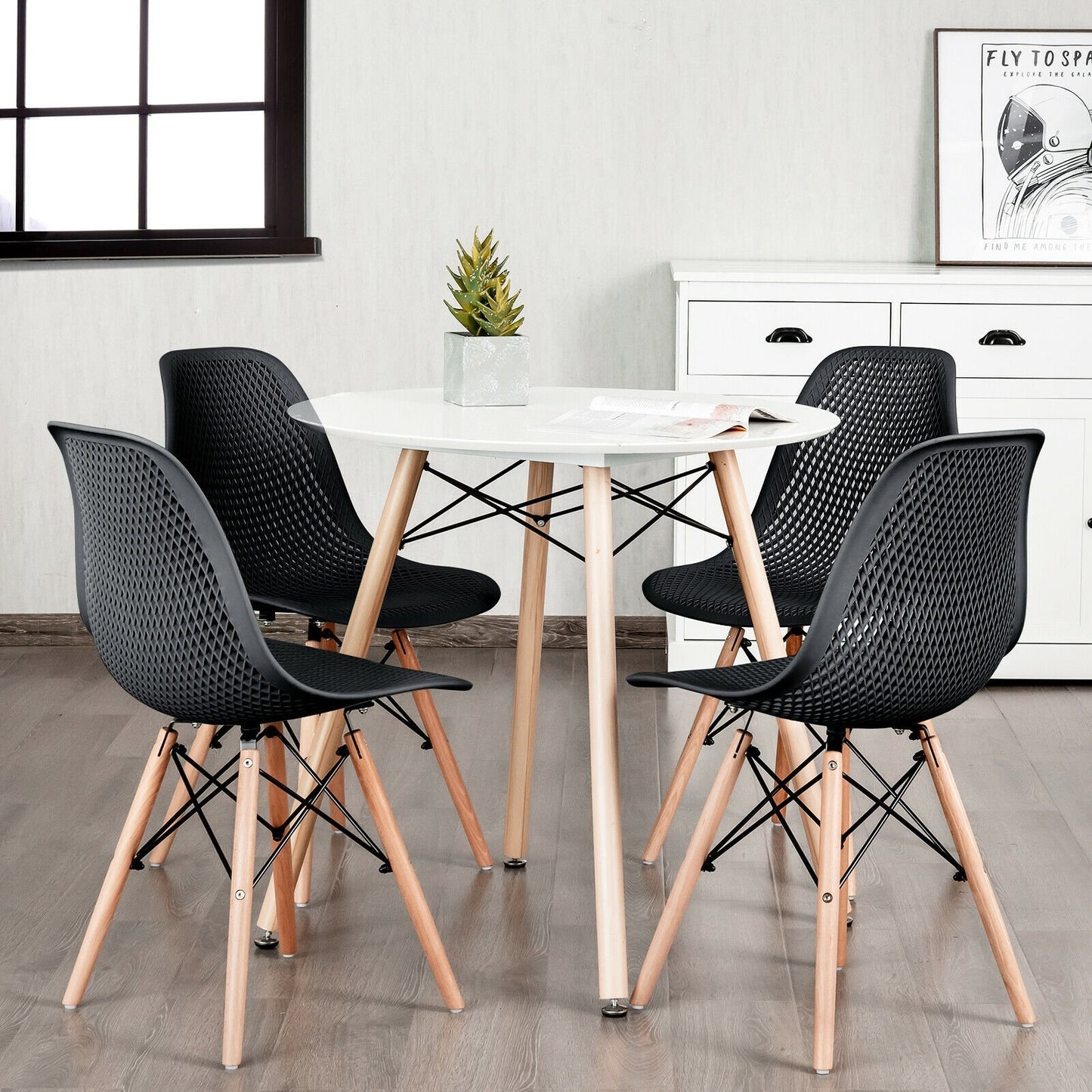 4 Pieces Modern Plastic Hollow Chair Set with Wood Leg, Black Dining Chairs   at Gallery Canada