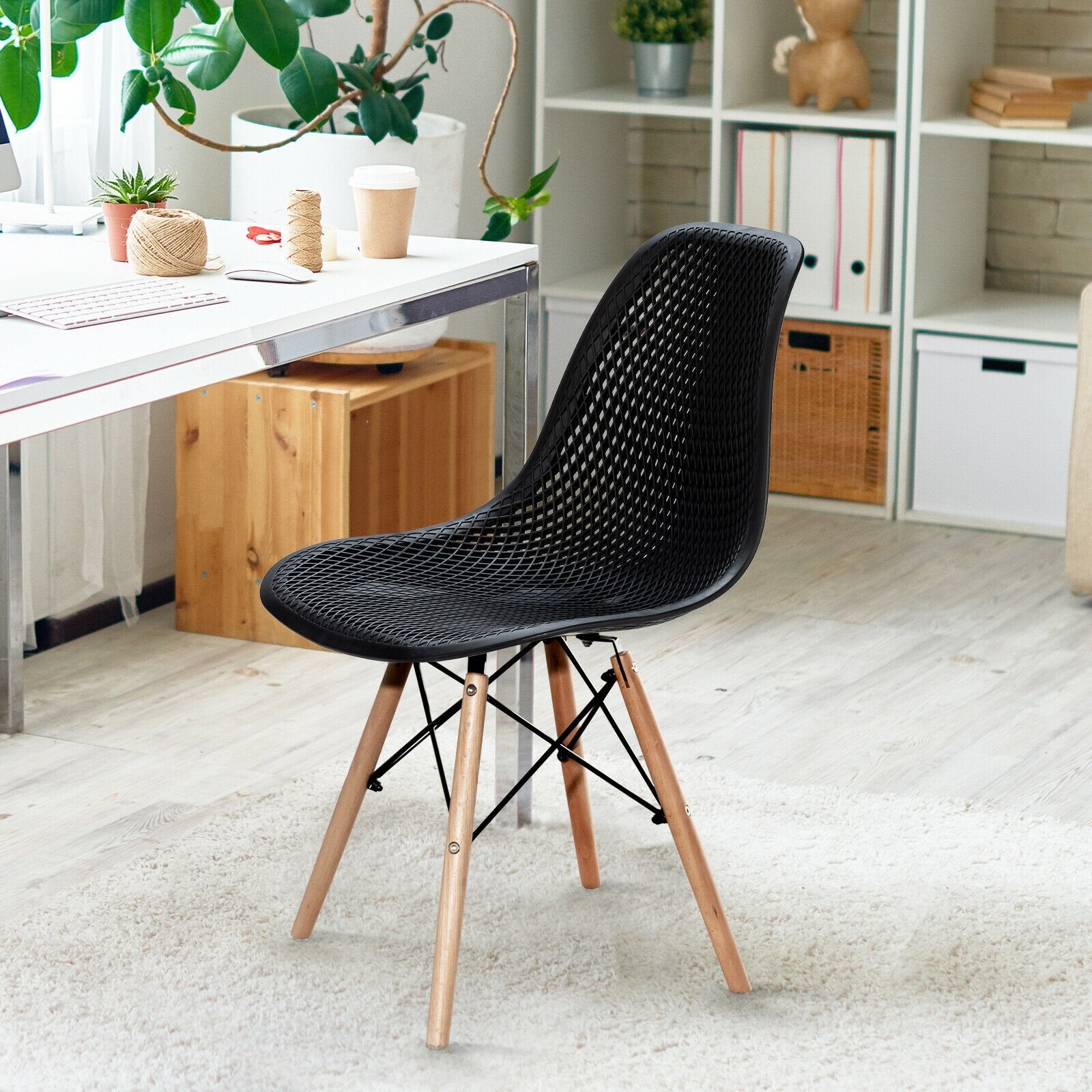 4 Pieces Modern Plastic Hollow Chair Set with Wood Leg, Black Dining Chairs   at Gallery Canada