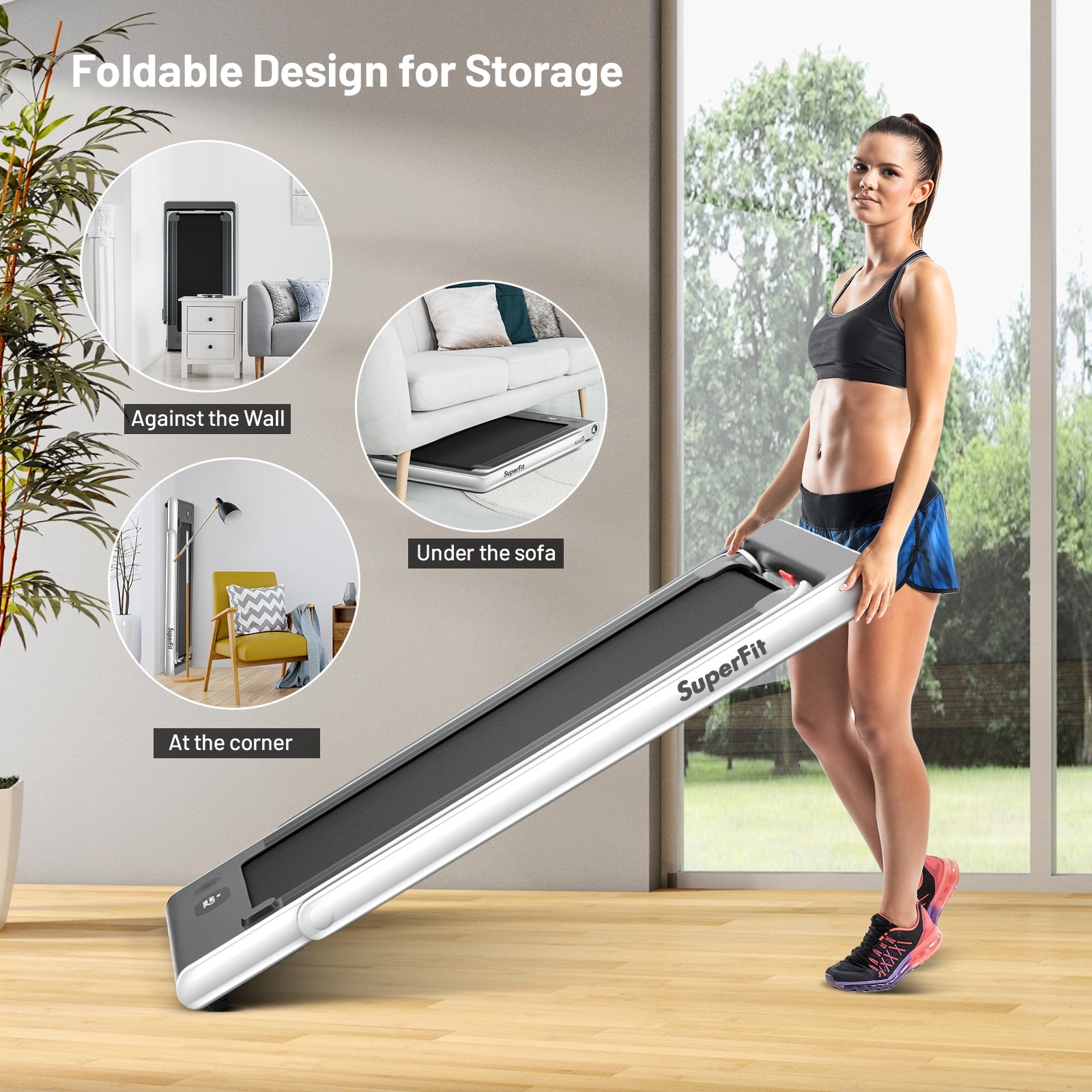 2-in-1 Electric Motorized Health and Fitness Folding Treadmill with Dual Display and Speaker, White Treadmills   at Gallery Canada