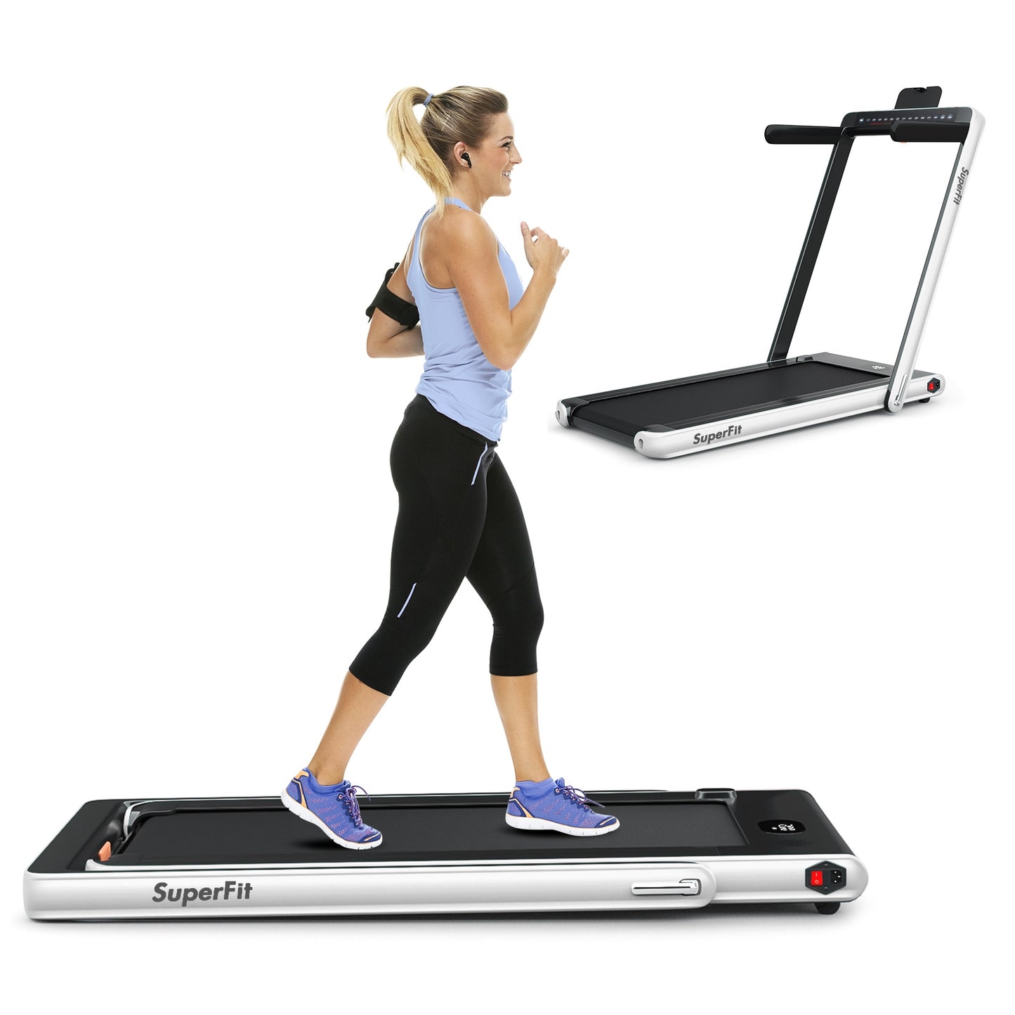 2-in-1 Electric Motorized Health and Fitness Folding Treadmill with Dual Display and Speaker, White Treadmills   at Gallery Canada