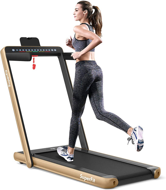 2-in-1 Electric Motorized Health and Fitness Folding Treadmill with Dual Display and Speaker, Yellow Treadmills Yellow  at Gallery Canada