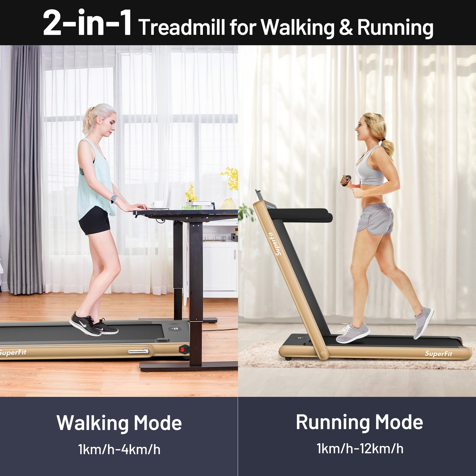 2-in-1 Electric Motorized Health and Fitness Folding Treadmill with Dual Display and Speaker, Yellow Treadmills   at Gallery Canada