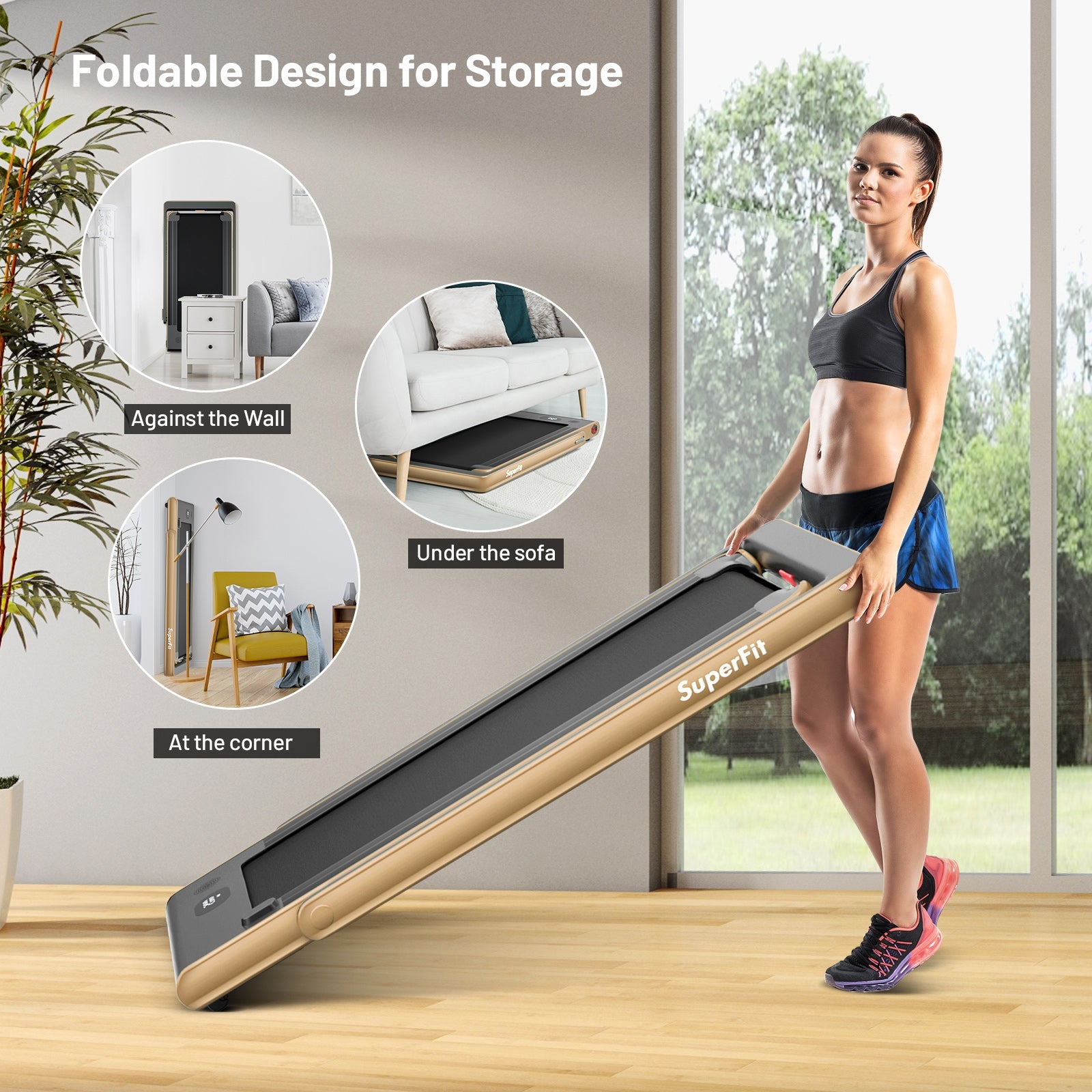 2-in-1 Electric Motorized Health and Fitness Folding Treadmill with Dual Display and Speaker, Yellow Treadmills   at Gallery Canada