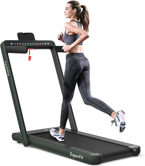 2-in-1 Electric Motorized Health and Fitness Folding Treadmill with Dual Display and Speaker, Green