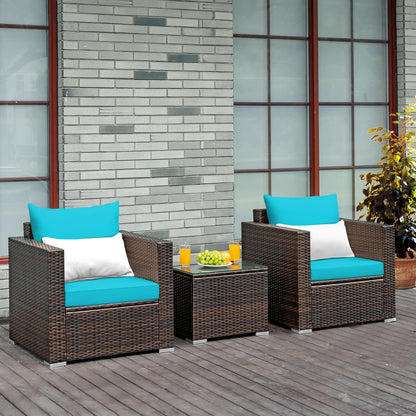 3 Pcs Patio Conversation Rattan Furniture Set with Cushion, Turquoise Patio Conversation Sets   at Gallery Canada