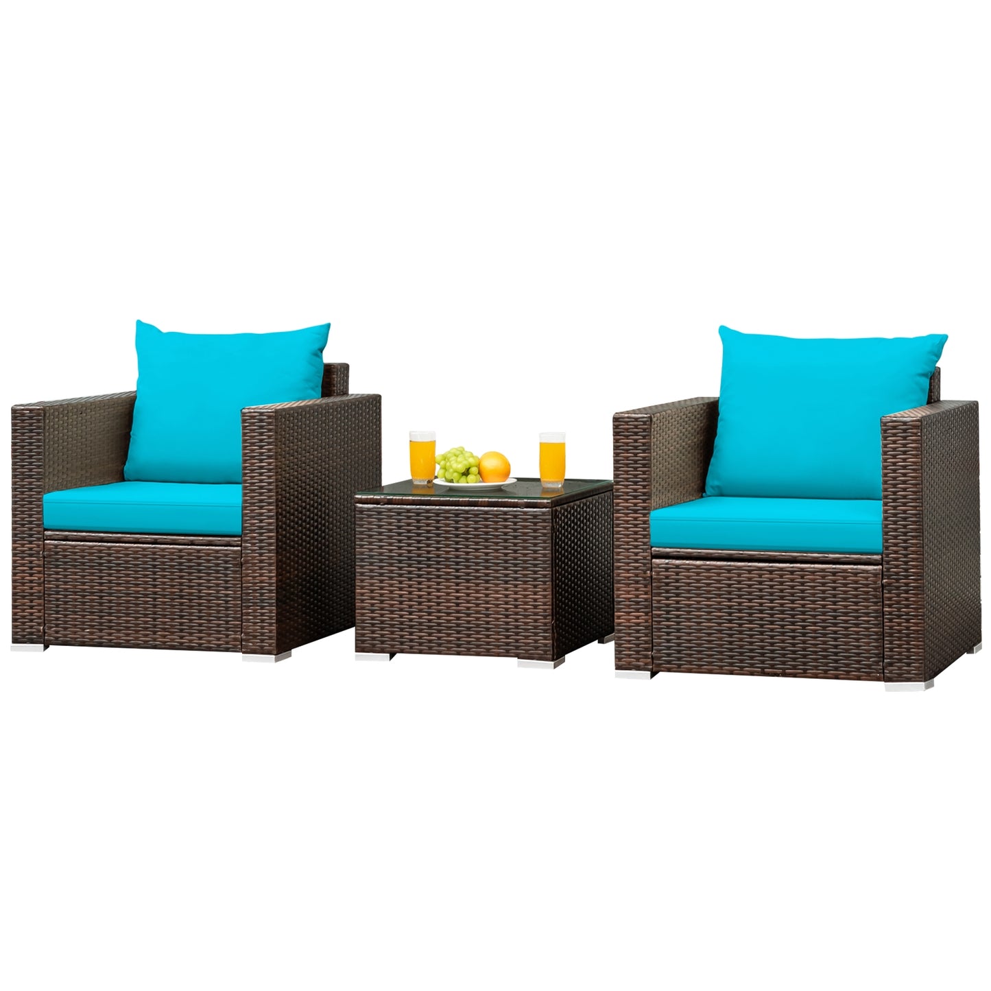 3 Pcs Patio Conversation Rattan Furniture Set with Cushion, Turquoise Patio Conversation Sets Turquoise  at Gallery Canada