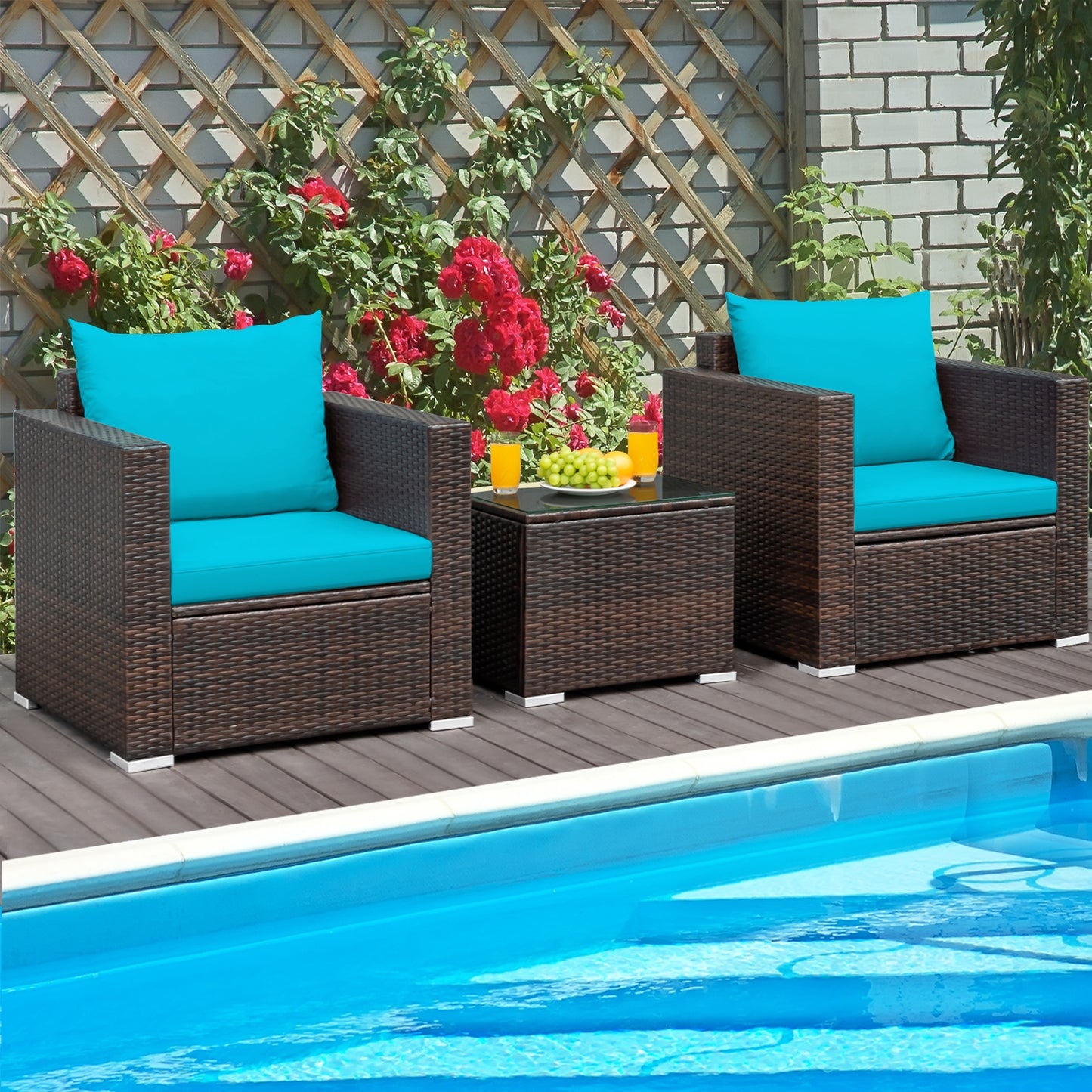 3 Pcs Patio Conversation Rattan Furniture Set with Cushion, Turquoise Patio Conversation Sets   at Gallery Canada