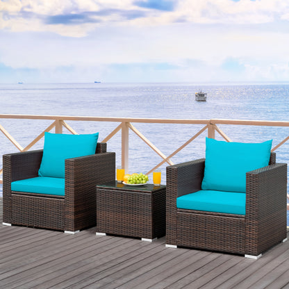 3 Pcs Patio Conversation Rattan Furniture Set with Cushion, Turquoise Patio Conversation Sets   at Gallery Canada