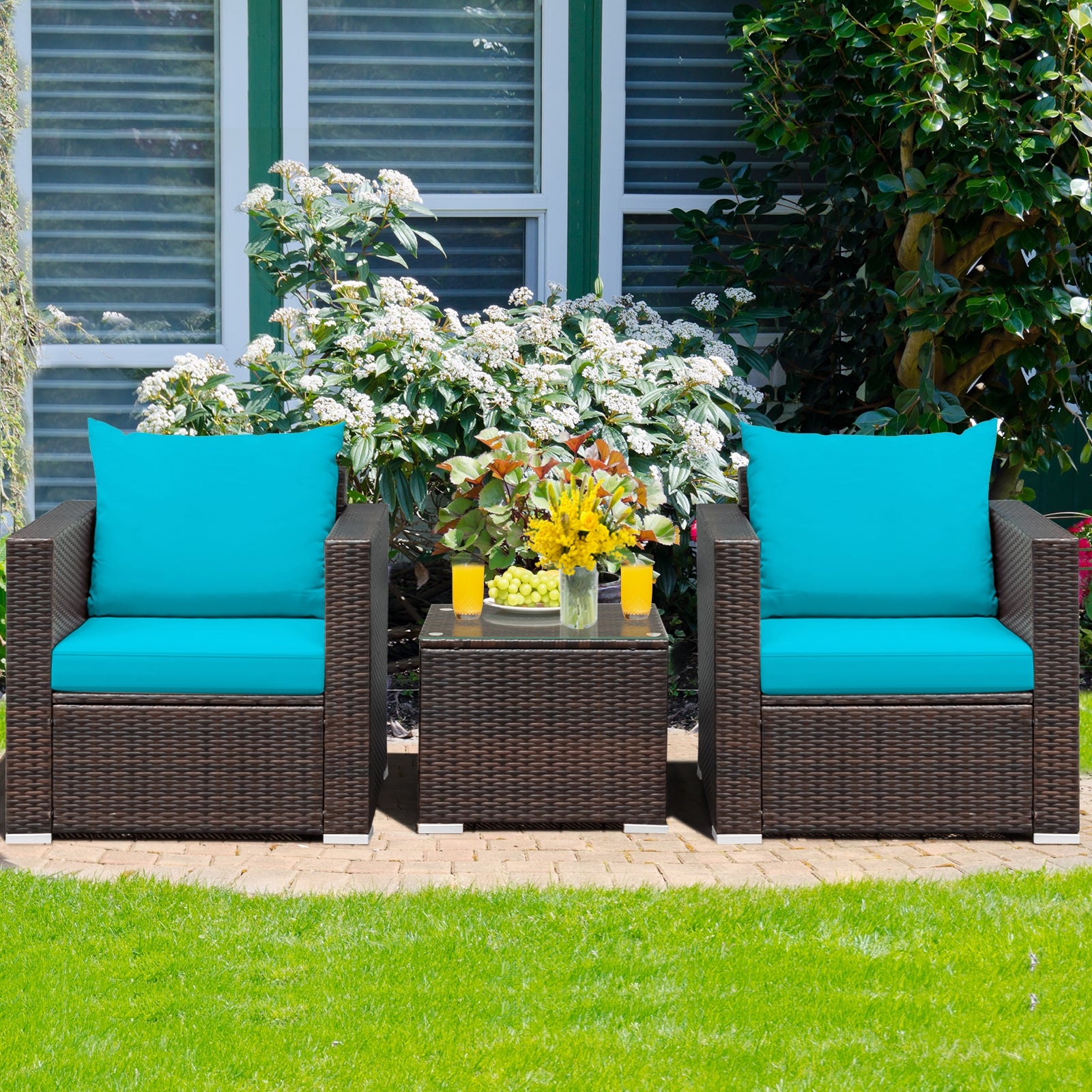 3 Pcs Patio Conversation Rattan Furniture Set with Cushion, Turquoise Patio Conversation Sets   at Gallery Canada