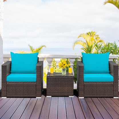 3 Pcs Patio Conversation Rattan Furniture Set with Cushion, Turquoise Patio Conversation Sets   at Gallery Canada