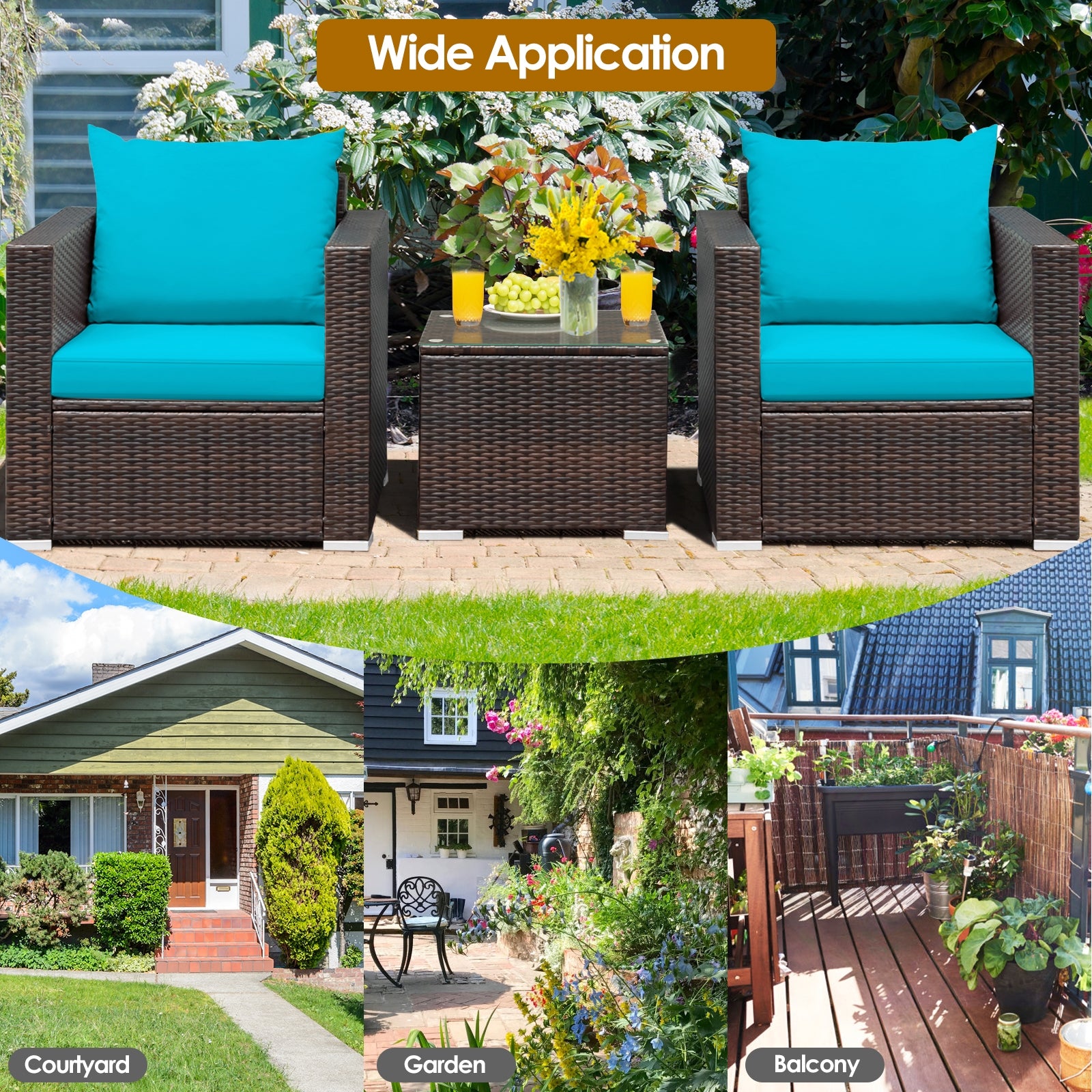 3 Pcs Patio Conversation Rattan Furniture Set with Cushion, Turquoise Patio Conversation Sets   at Gallery Canada