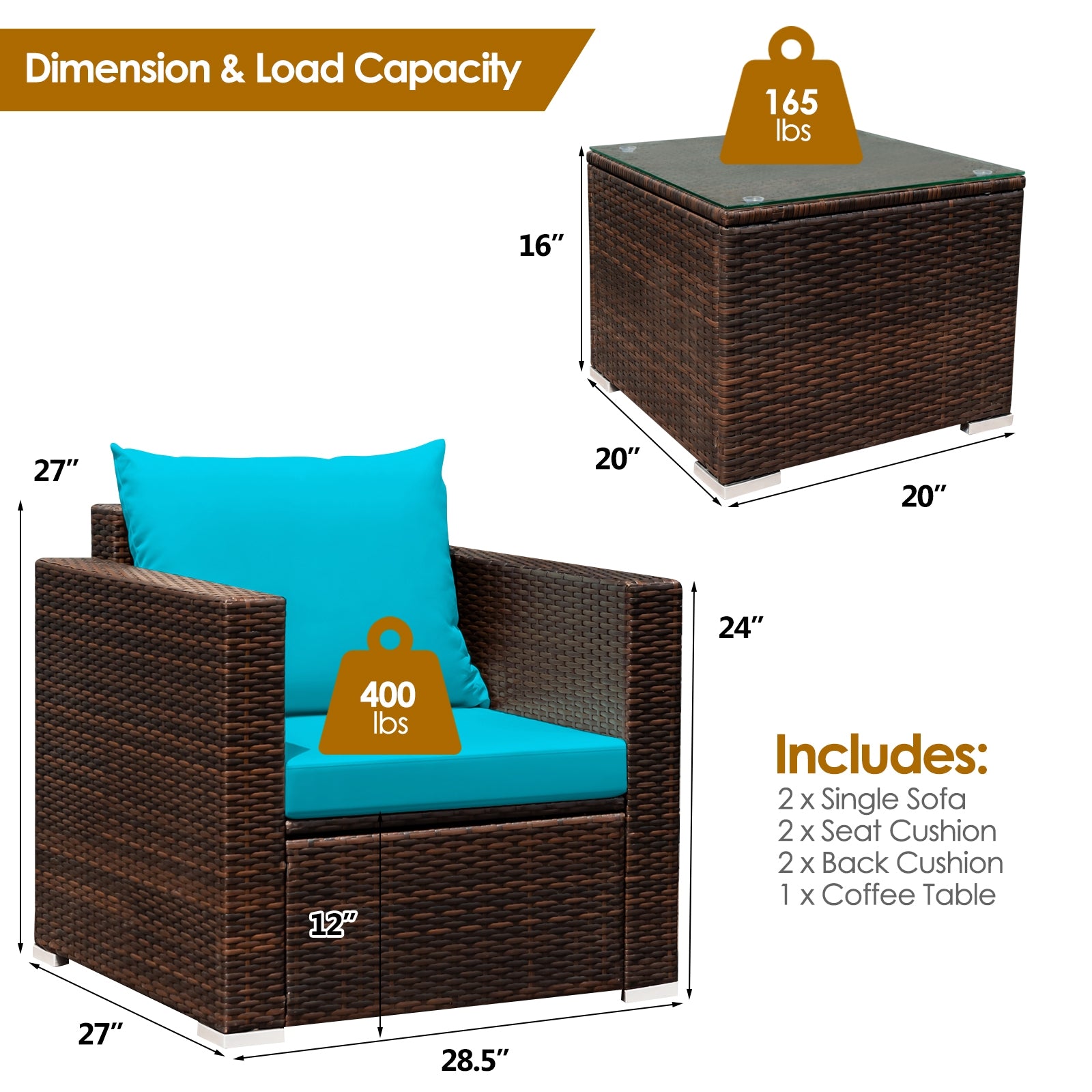 3 Pcs Patio Conversation Rattan Furniture Set with Cushion, Turquoise Patio Conversation Sets   at Gallery Canada