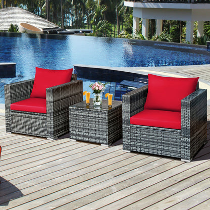 3 Pcs Patio Rattan Furniture Bistro Sofa Set with Cushioned, Red Patio Conversation Sets   at Gallery Canada