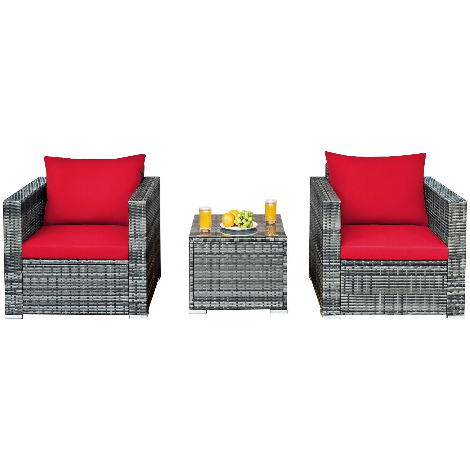 3 Pcs Patio Rattan Furniture Bistro Sofa Set with Cushioned, Red Patio Conversation Sets   at Gallery Canada