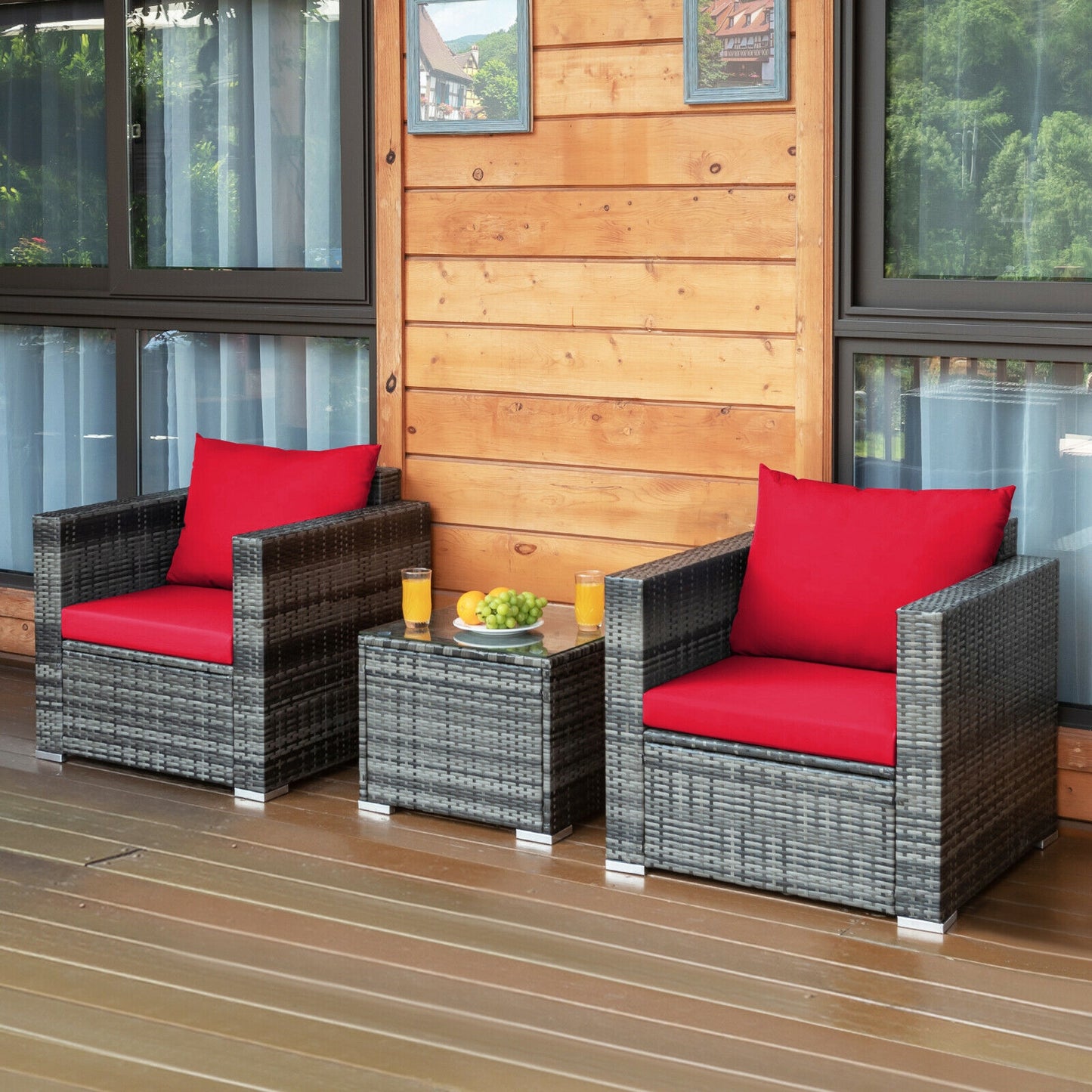 3 Pcs Patio Rattan Furniture Bistro Sofa Set with Cushioned, Red Patio Conversation Sets   at Gallery Canada