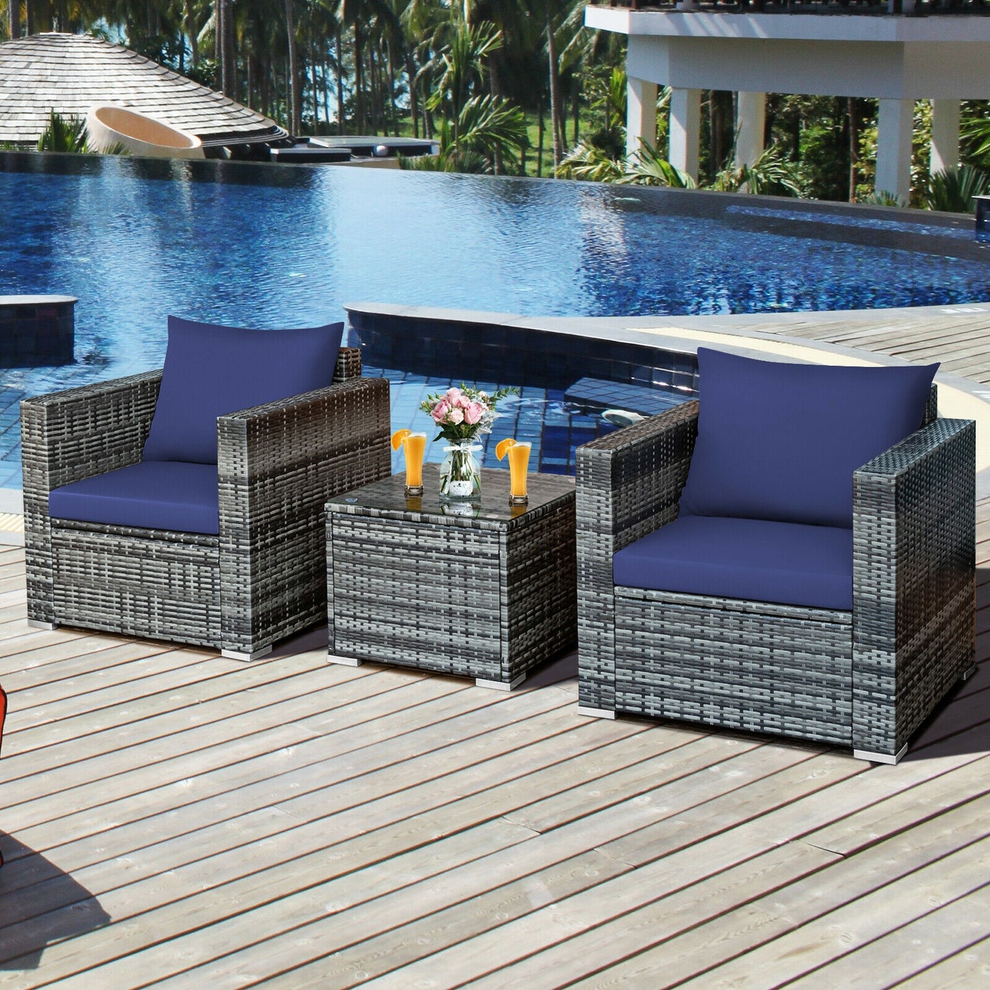 3 Pcs Patio Rattan Furniture Bistro Sofa Set with Cushioned, Navy Patio Conversation Sets   at Gallery Canada