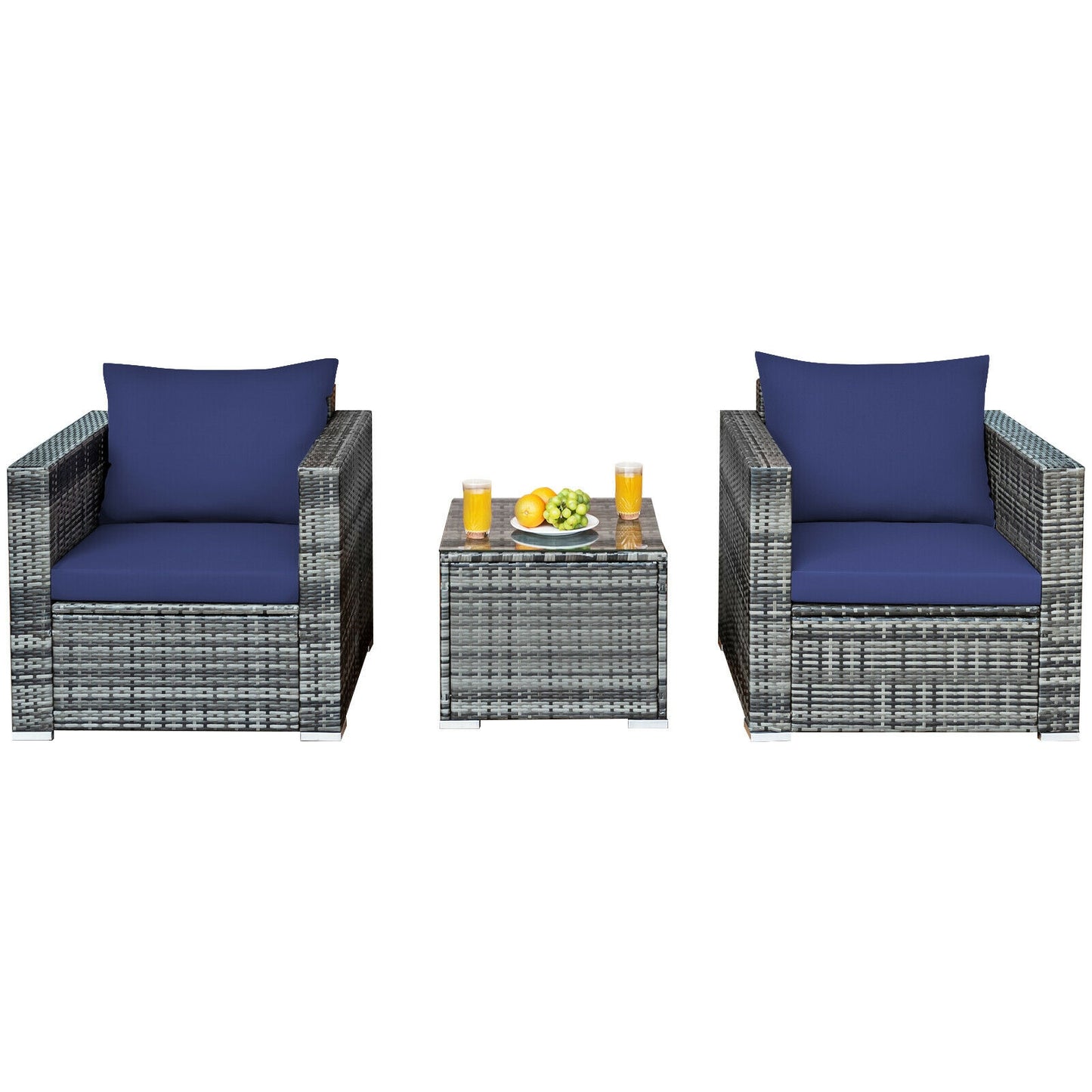 3 Pcs Patio Rattan Furniture Bistro Sofa Set with Cushioned, Navy Patio Conversation Sets   at Gallery Canada