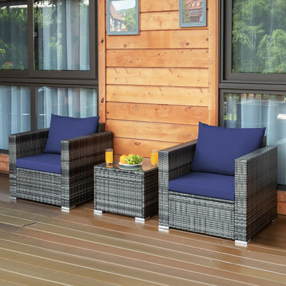 3 Pcs Patio Rattan Furniture Bistro Sofa Set with Cushioned, Navy Patio Conversation Sets   at Gallery Canada