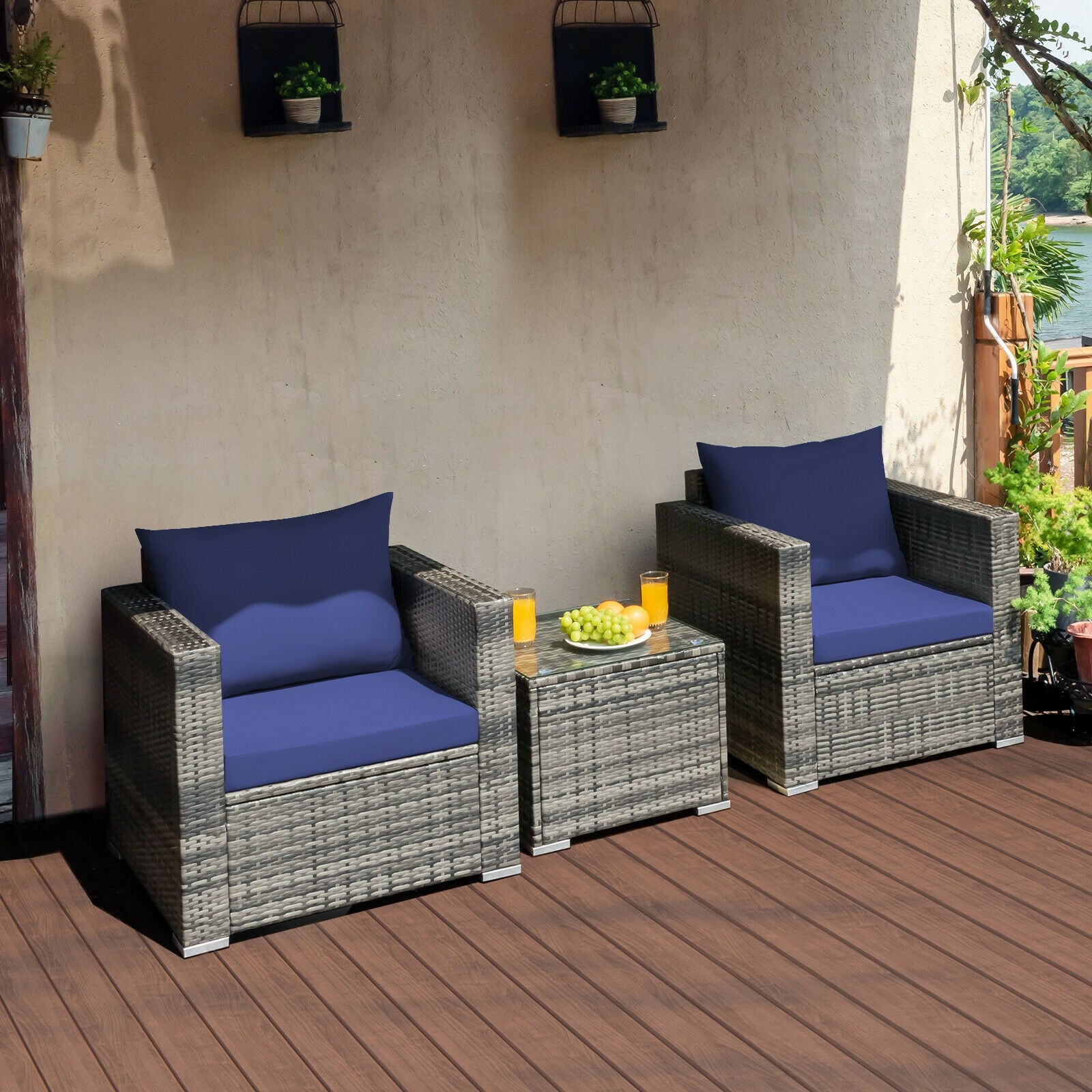 3 Pcs Patio Rattan Furniture Bistro Sofa Set with Cushioned, Navy Patio Conversation Sets   at Gallery Canada