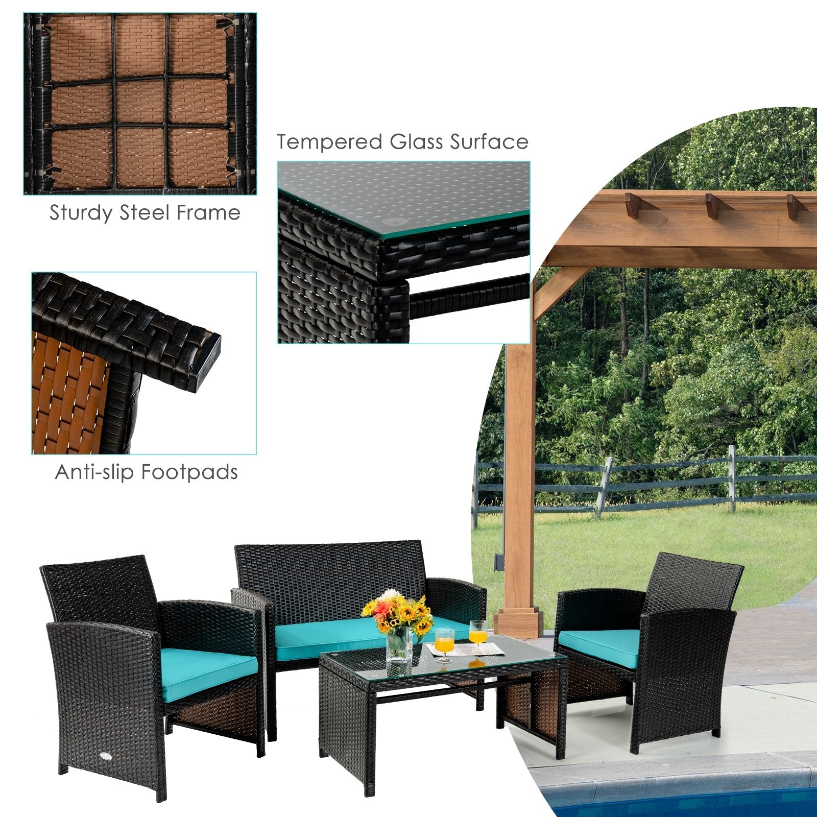 4 Pieces Patio Rattan Cushioned Furniture Set, Turquoise Patio Conversation Sets   at Gallery Canada