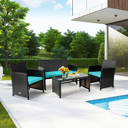 4 Pieces Patio Rattan Cushioned Furniture Set, Turquoise Patio Conversation Sets   at Gallery Canada