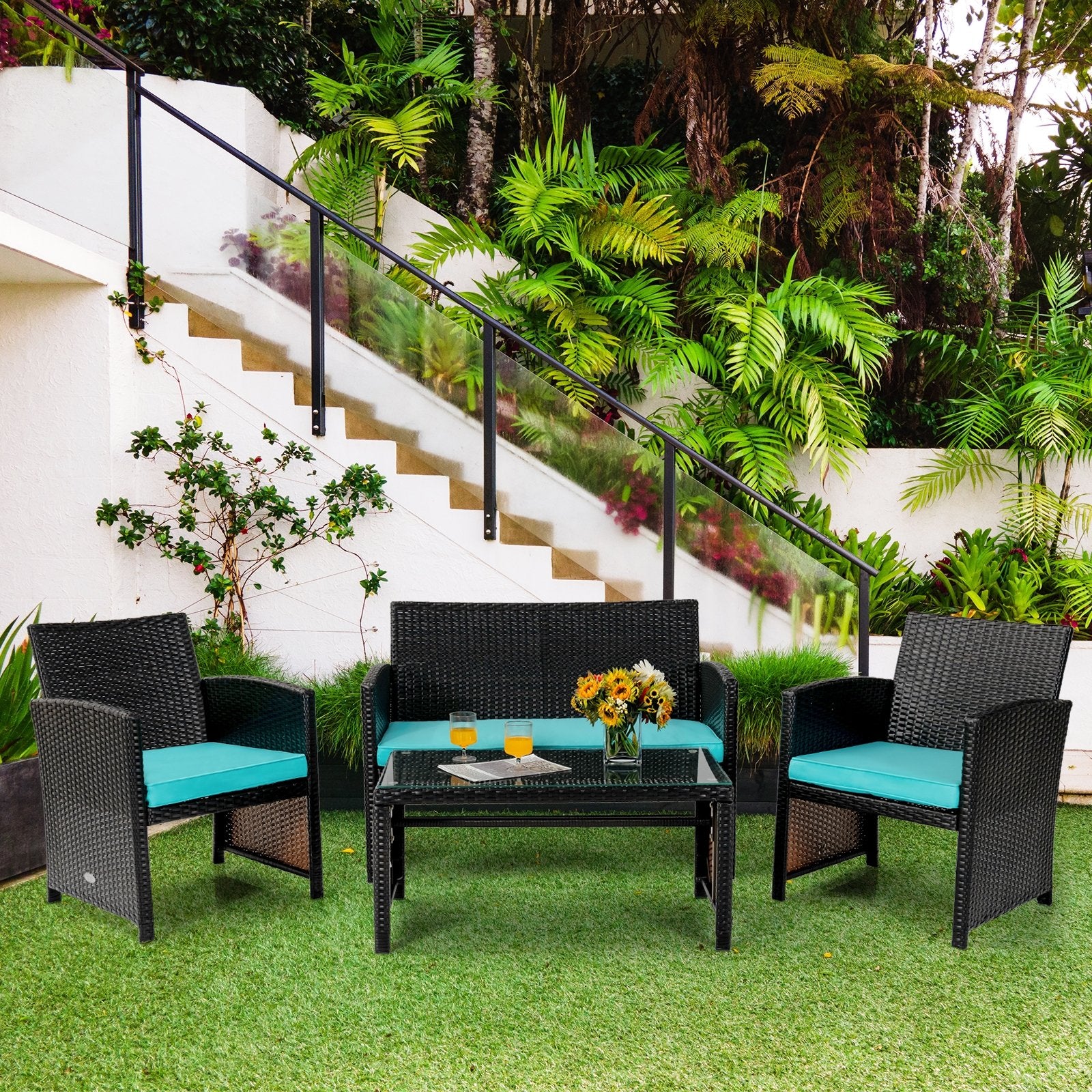 4 Pieces Patio Rattan Cushioned Furniture Set, Turquoise Patio Conversation Sets   at Gallery Canada